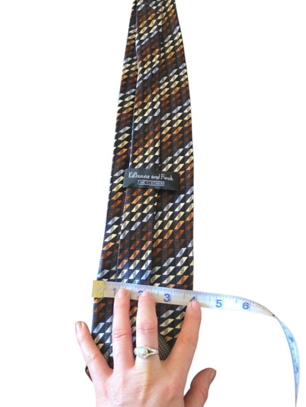Kilburne & Finch Geometric Silk Tie Brown Blue Gold Retro Necktie 100% Silk - Picture 11 of 11